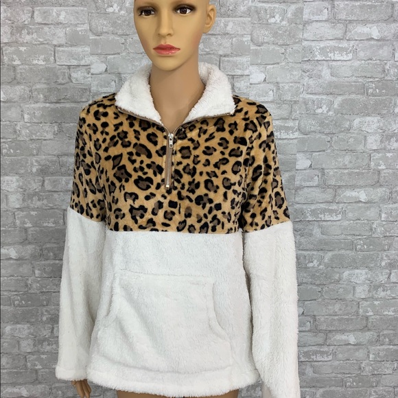 Leopard Print White Sherpa Fleece Pullover - Picture 4 of 8